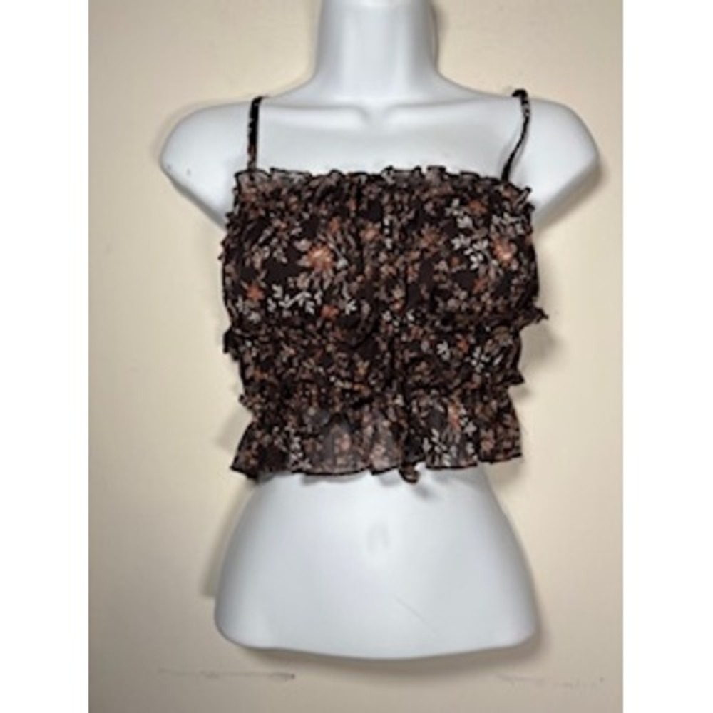 THIRTY/THIRTY Floral Smocked Crop Top‎ XS Brown Boho Cottagecore Cami 8CSXU434